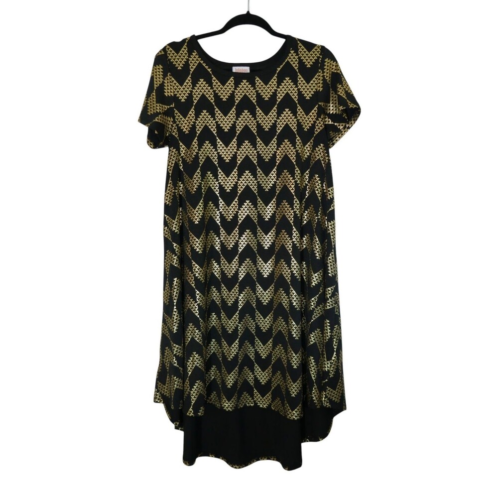 LuLaRoe Carly Womens Black Gold Metallic Chevron A-Line Dress Size S